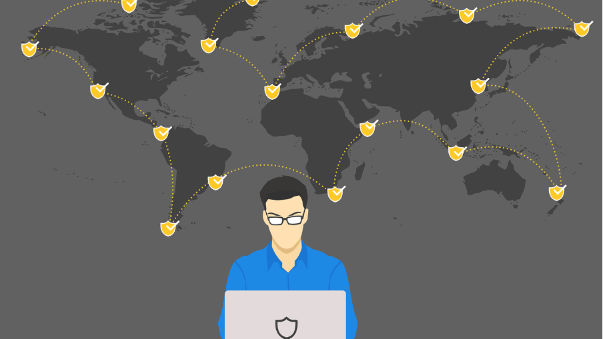 man sitting at computer with a interconnected map behind him