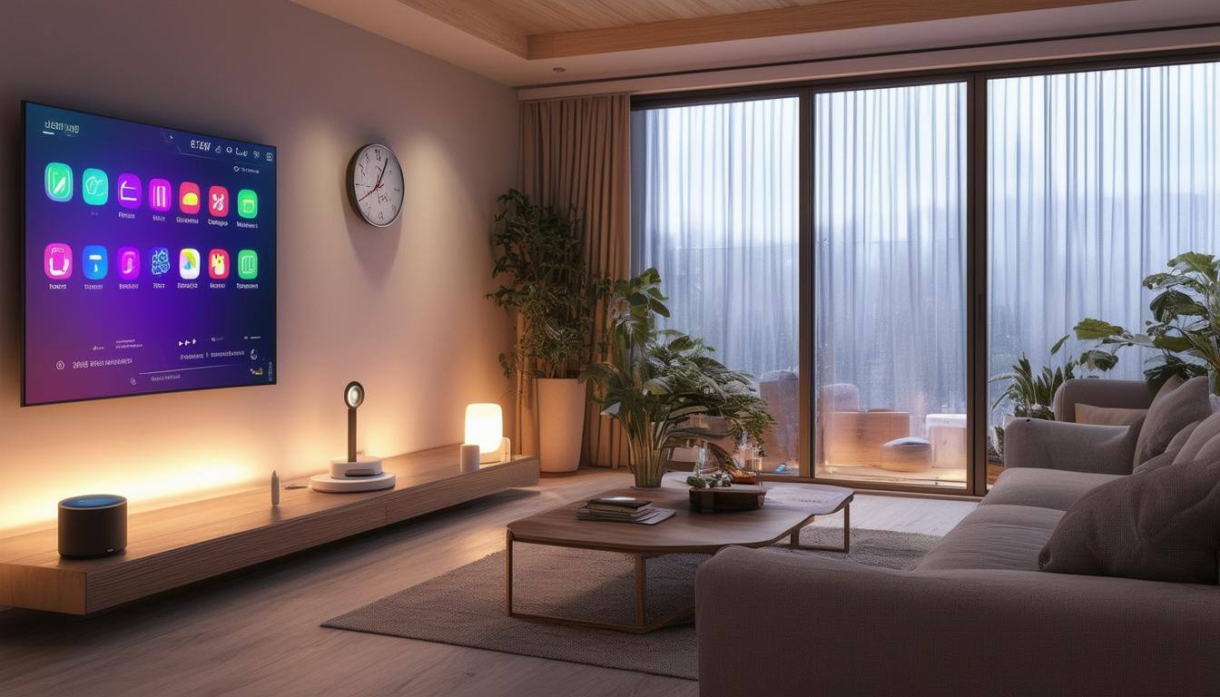 The image depicts a modern living room, bathed in soft, ambient lighting, showcasing a seamless integration of smart home technology. A sleek, flat-screen television is mounted on the wall, displaying a smart home interface with various device controls. In the foreground, a stylish coffee table holds a smartphone, displaying an app with icons for smart lights, locks, and a thermostat. To one side, a set of smart light bulbs glows in different colors, illustrating their customizable features. A smart speaker sits on a shelf, ready to respond to voice commands. The room features minimalistic furniture with clean lines, and large windows allow natural light to filter in, creating a warm and inviting atmosphere. A cozy sofa with plush cushions invites relaxation, while a digital clock on the wall shows the time, subtly indicating the modern convenience of the space. Overall, the image conveys a sense of comfort, efficiency, and advanced technology harmoniously coexisting.