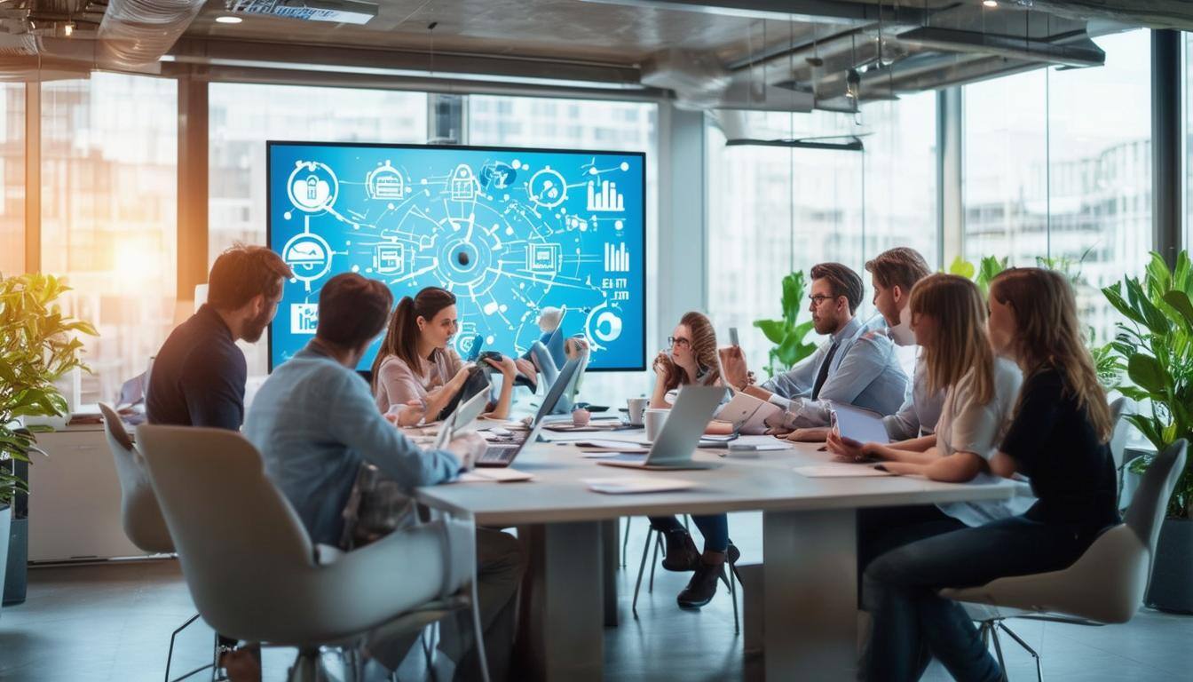 The image depicts a modern office environment, where a diverse group of professionals is gathered around a sleek conference table. They are engaged in a discussion about Internet of Things (IoT) security solutions. Laptops and digital tablets are open in front of each participant, displaying graphs and data related to IoT devices. A large screen on the wall showcases a vibrant infographic outlining security risks and solutions, with icons representing strong passwords, software updates, and encryption. The room is filled with natural light streaming through large windows, highlighting the contemporary design, with plants adding a touch of greenery. The atmosphere is dynamic and collaborative, reflecting a sense of urgency and innovation in addressing IoT security challenges. The participants, a mix of genders and ethnicities, appear focused and motivated, with notes and coffee cups scattered around, emphasizing a productive brainstorming session.