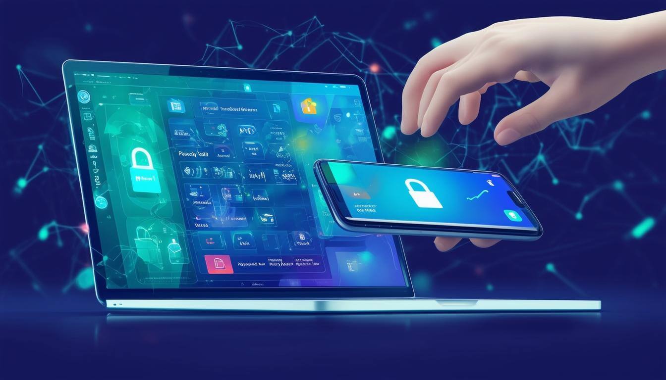 The image depicts a sleek, modern digital interface showcasing a password manager application on a smartphone and a laptop screen. The smartphone displays a colorful grid of app icons, with the password manager prominently highlighted. On the laptop, a clean dashboard features sections labeled 