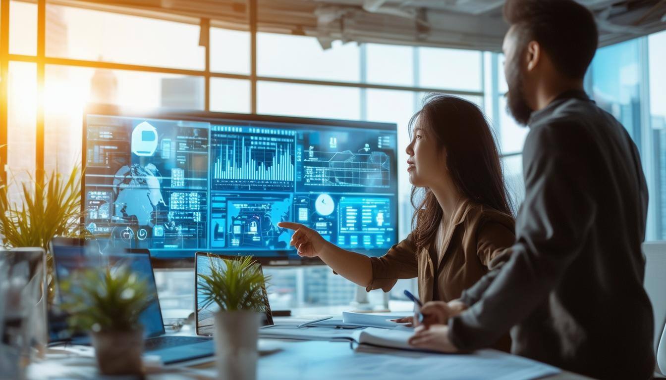 The image depicts a sleek, modern office environment with a large screen displaying a digital dashboard filled with graphs, charts, and real-time data analytics related to cybersecurity. In the foreground, a diverse team of professionals, including a woman of Asian descent and a man of African descent, are engaged in a discussion, pointing at the screen while taking notes. The room is illuminated with soft, ambient lighting, and there are several plants in the background, adding a touch of greenery. On a nearby desk, laptops and tablets are open, showcasing various security metrics and vulnerability scans. A window in the background reveals a city skyline, hinting at a bustling urban area. The overall atmosphere is one of focus and collaboration, emphasizing the importance of cybersecurity and proactive threat management.