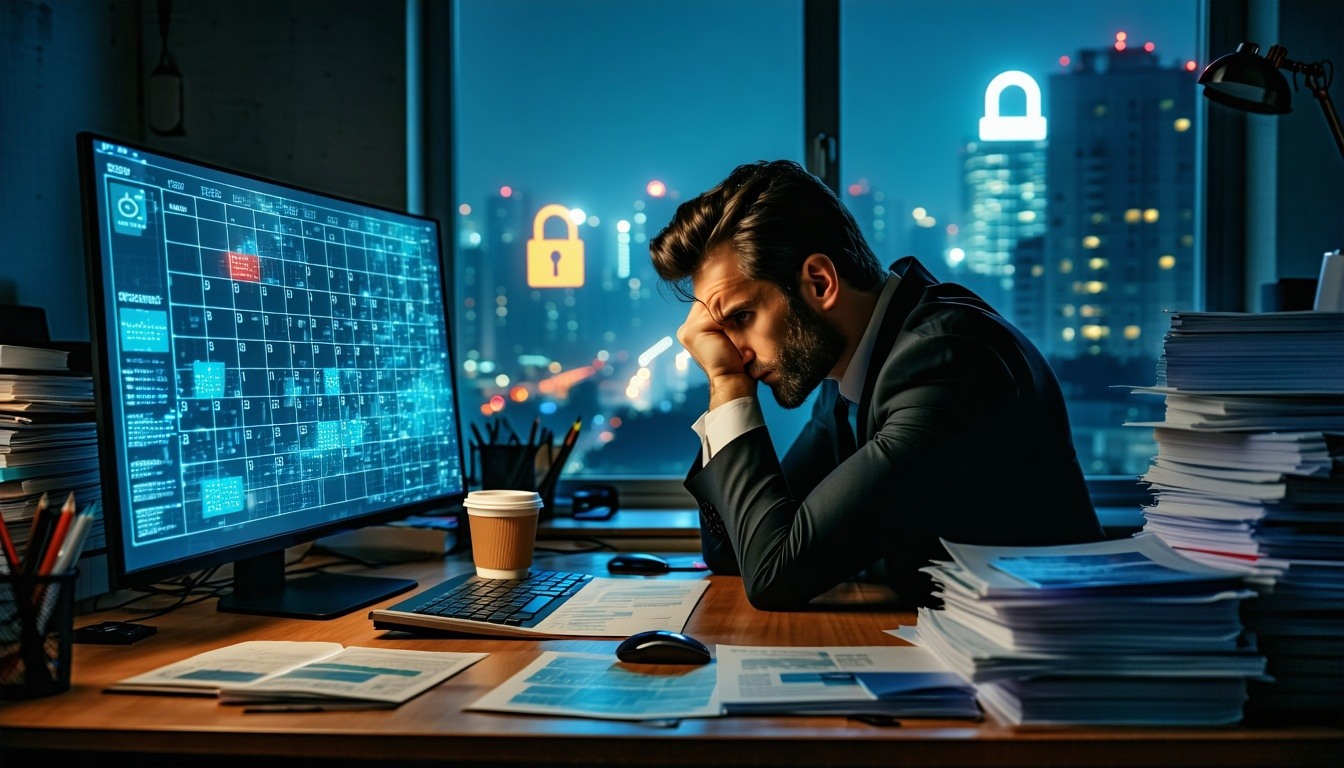 worried business owner looking at computer in an office