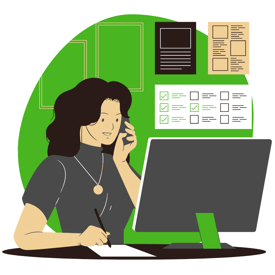 Woman talking on the phone while looking at laptop and writing notes