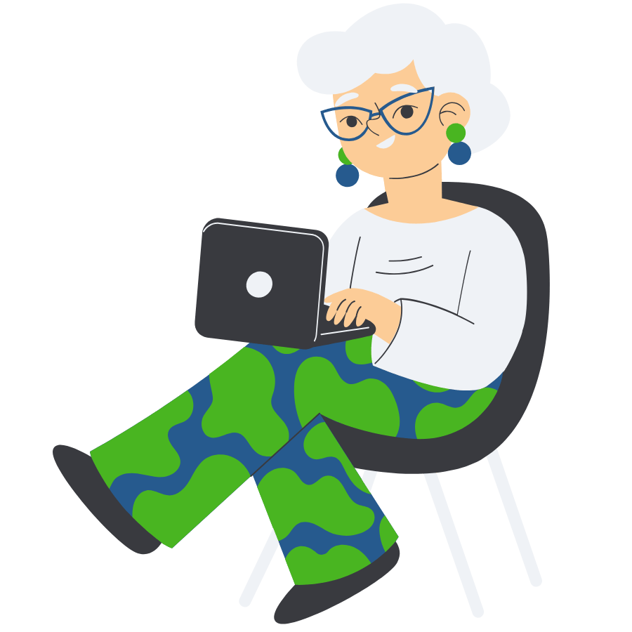 Older, female lawyer in a chair on a laptop