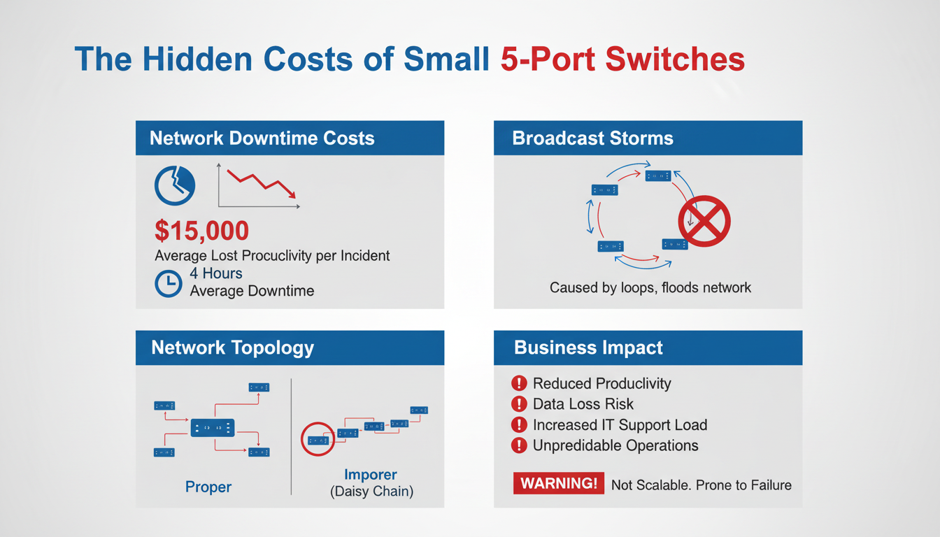 Professional business infographic about network switch problems, showing _The Hidden Costs of Small 5-Port Switches_ with icons and statistics_ network downtime costs, broadcast storm diagram, proper vs improper net