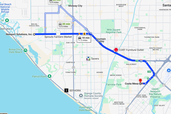 Newport Solutions office to Costa Mesa map