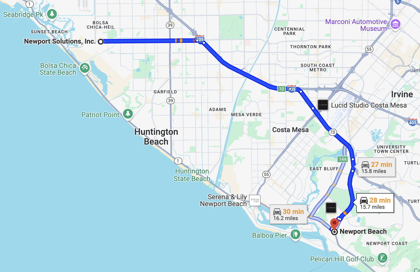 Newport Solutions office to Newport Beach map