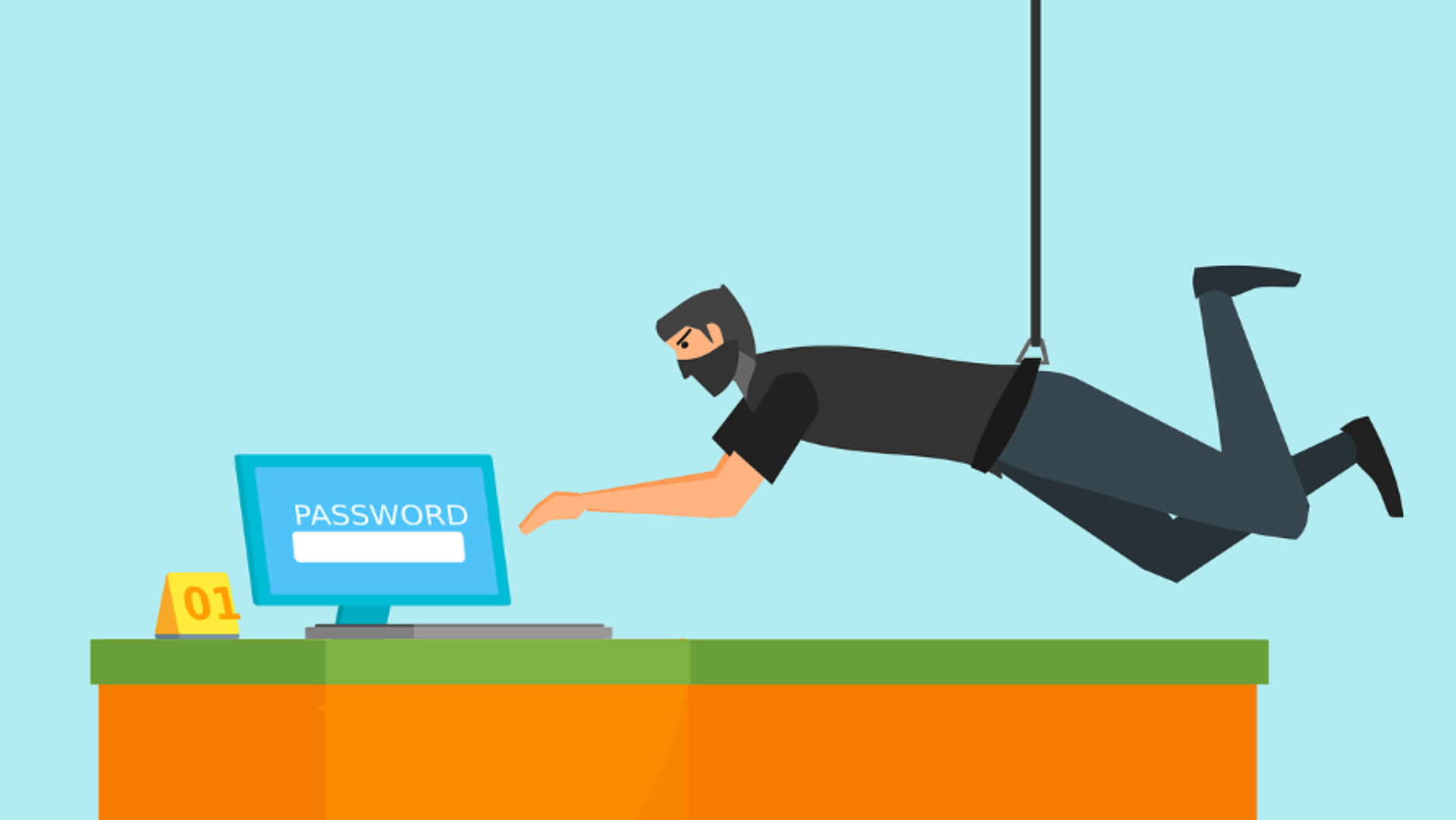 man hanging from rope trying to hack a computer