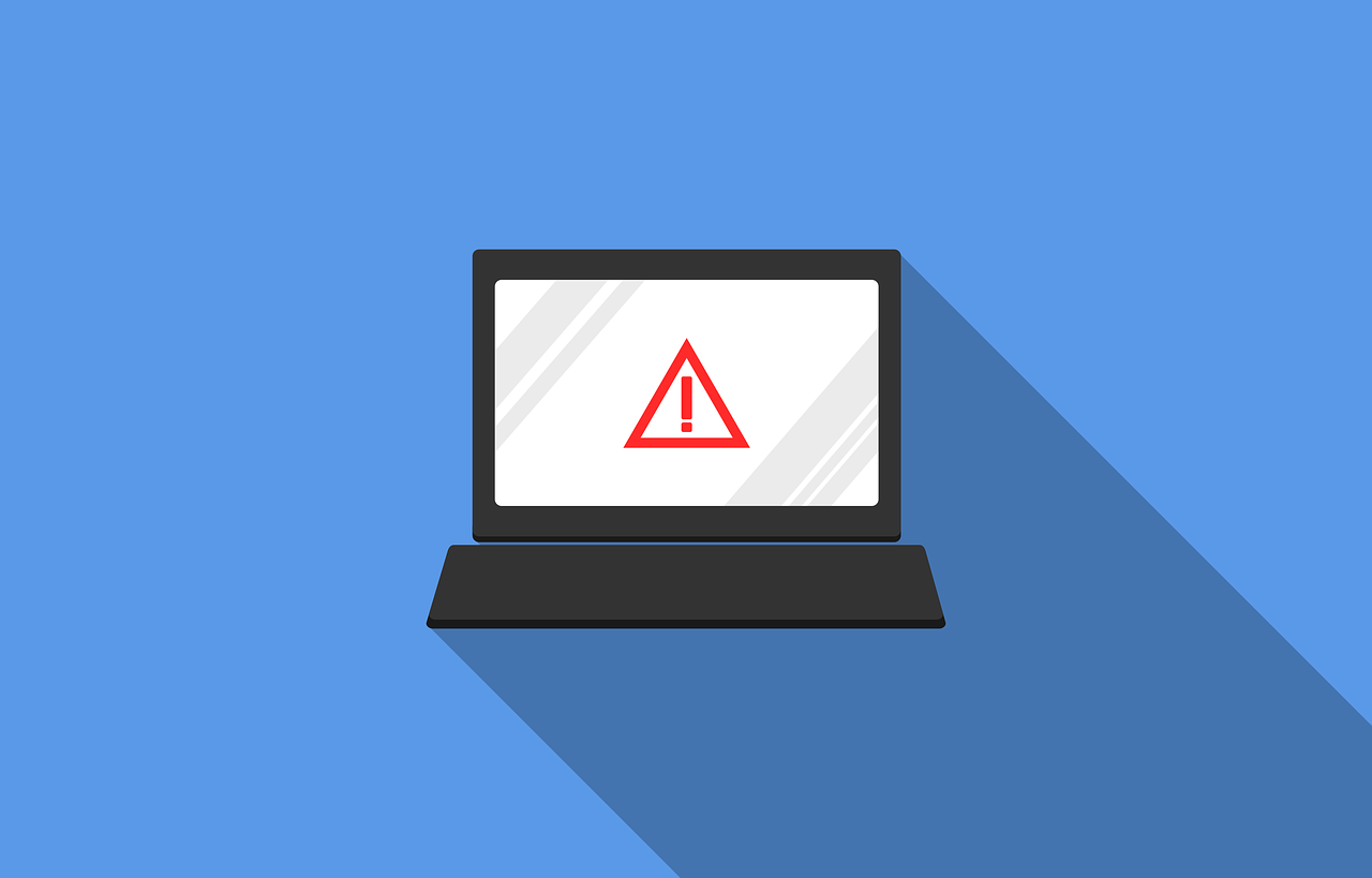 blue background with laptop with caution symbol