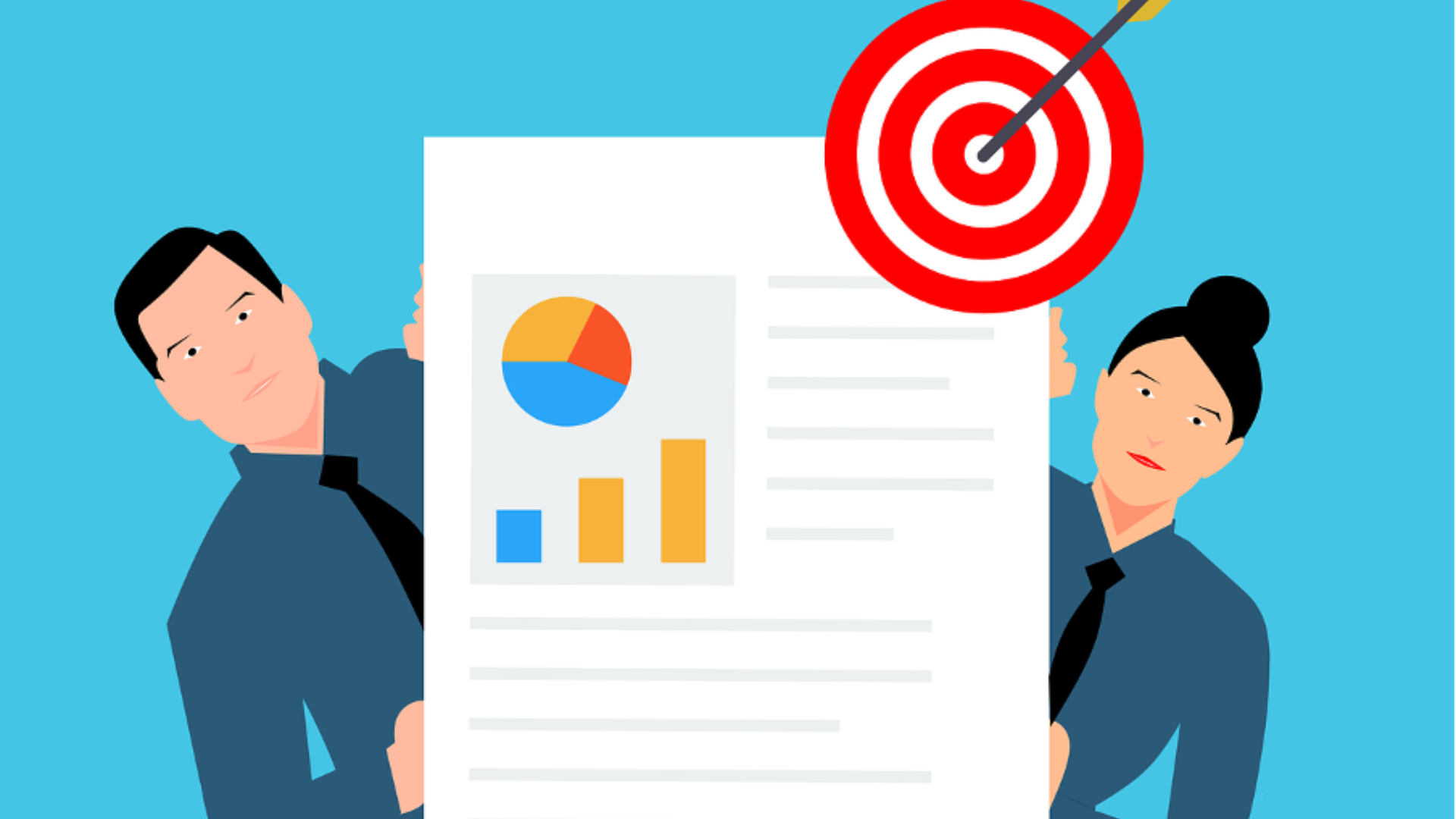 people standing behind a paper with graphs and a bullseye
