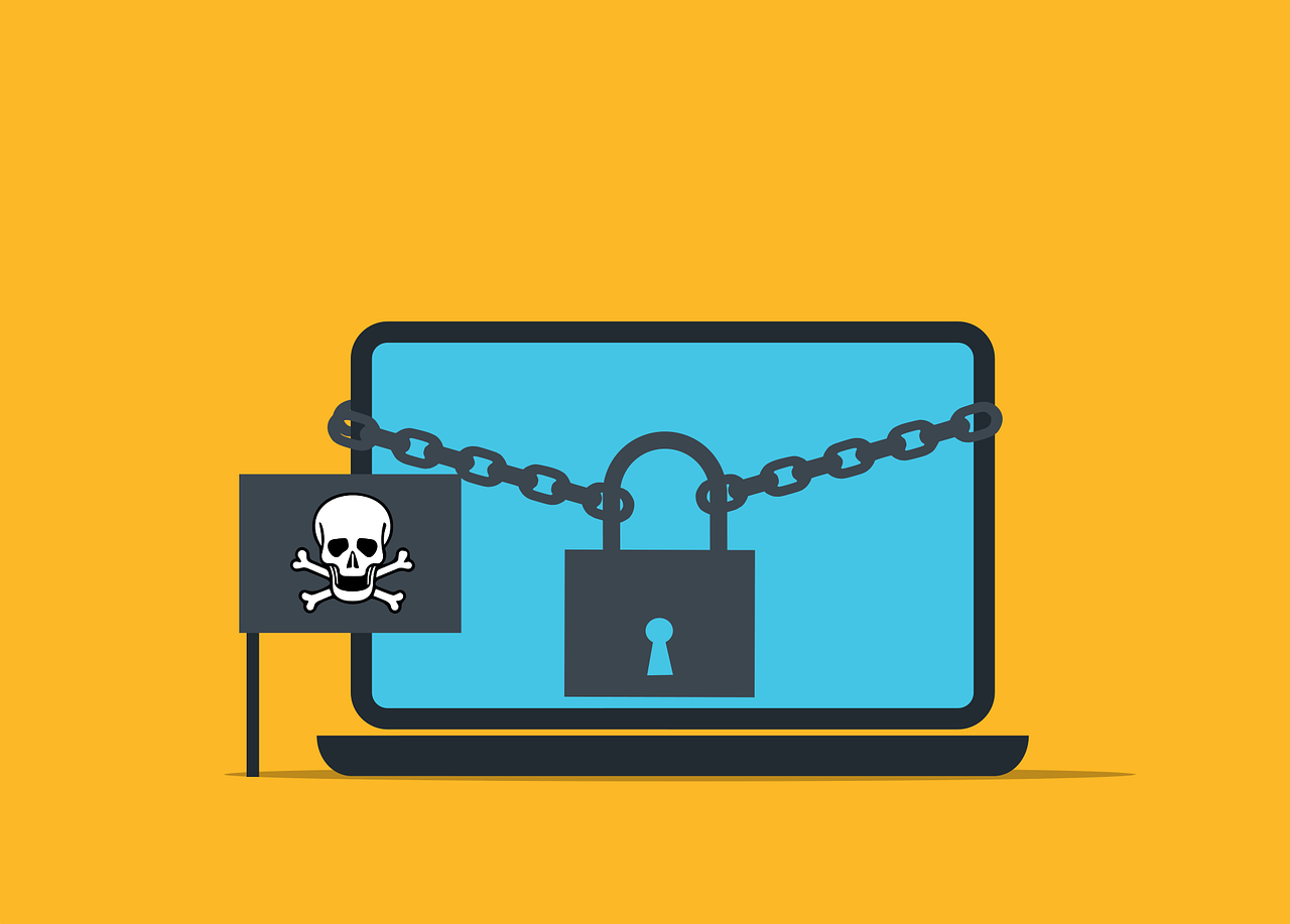 A graphic of a laptop with chain on it, accompanied by a pirate flag