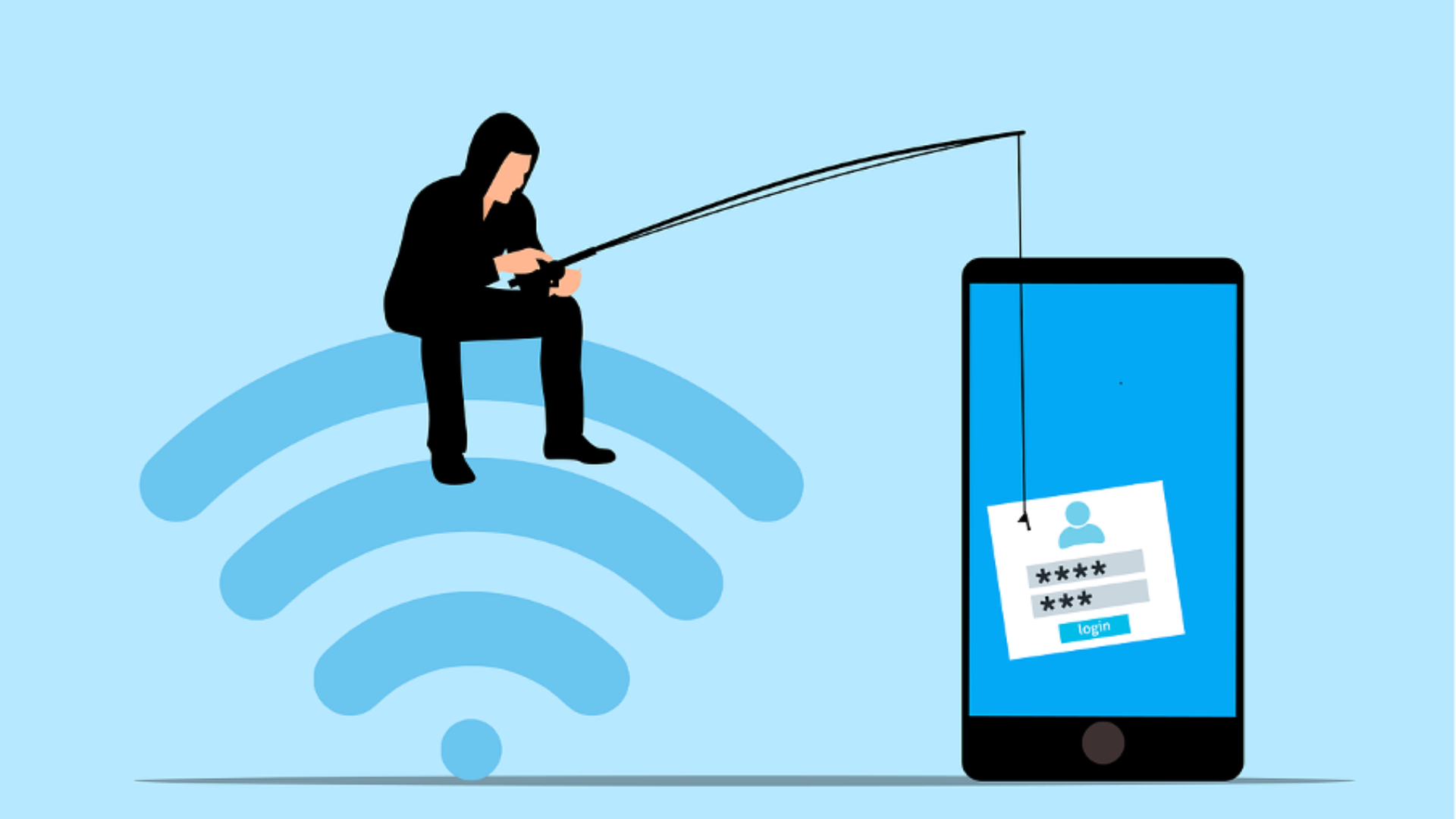 hacker siting on wifi symbol with fishing pole connected to phone