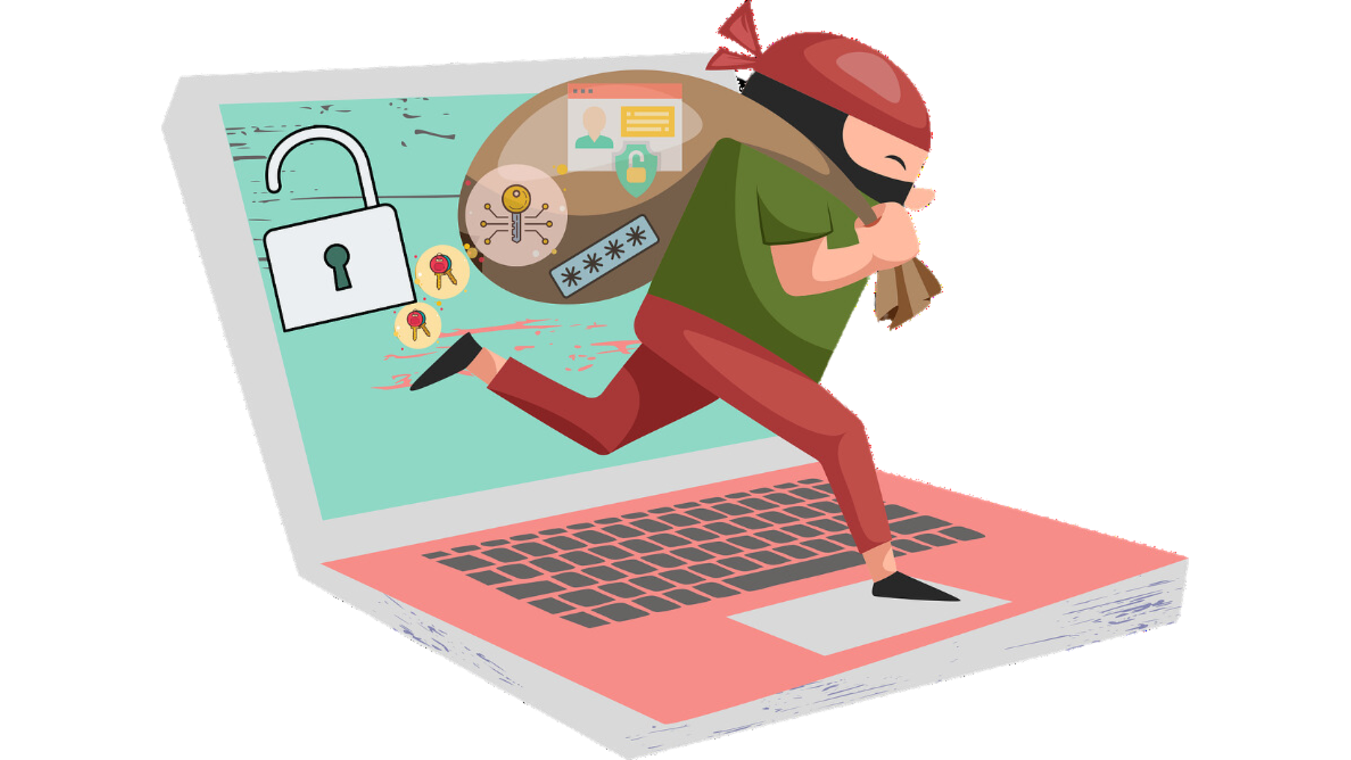 Thief running on a laptop with a bag of data