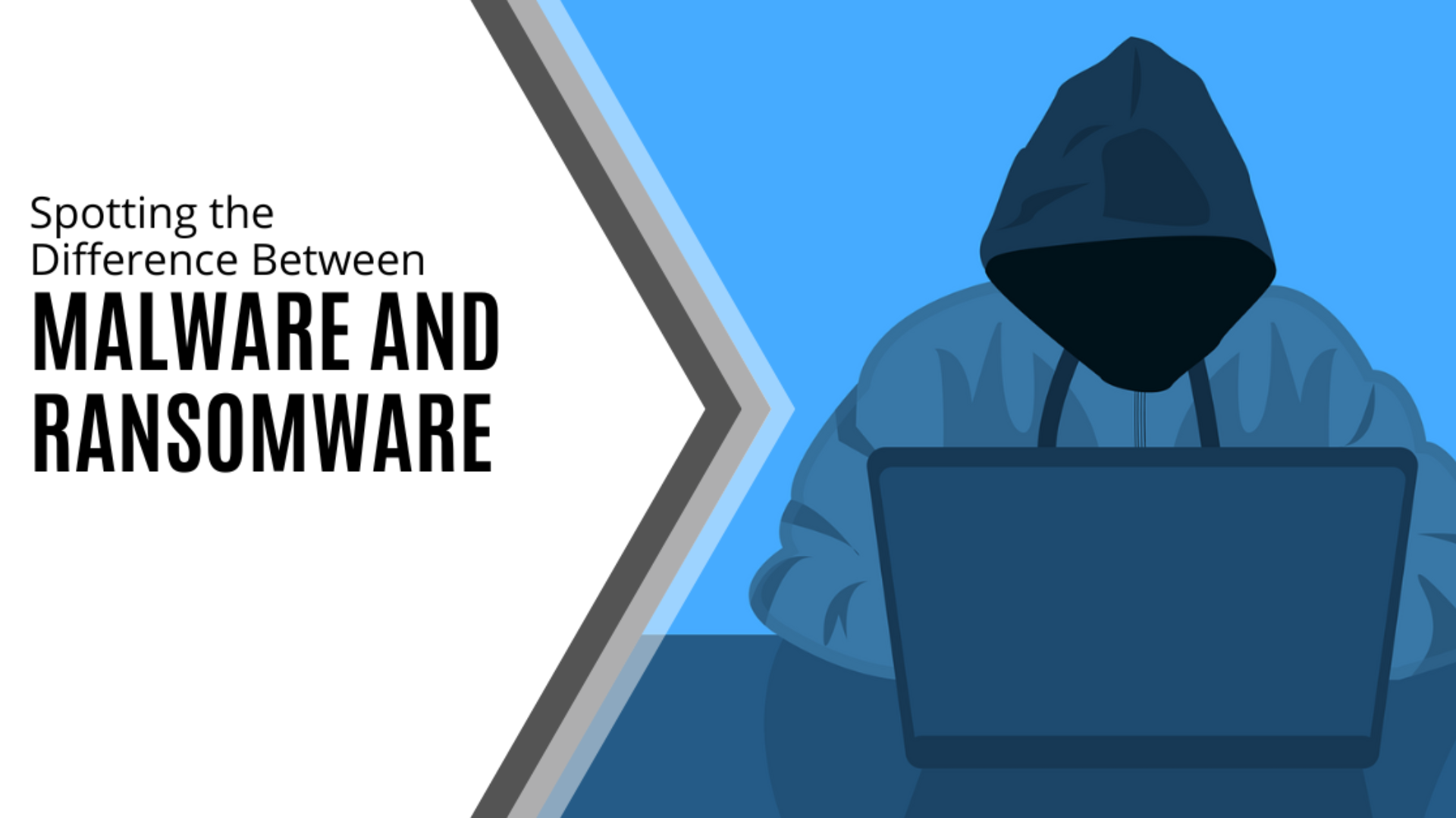 hacker with text about ransomware and malware