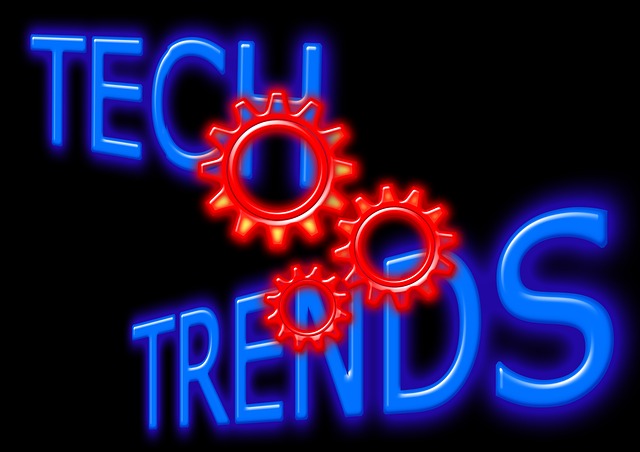 tech trends written in blue with red gears on it