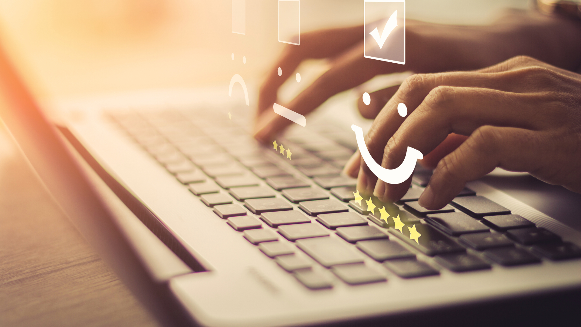 person typing with smiley face icons showing satisfaction